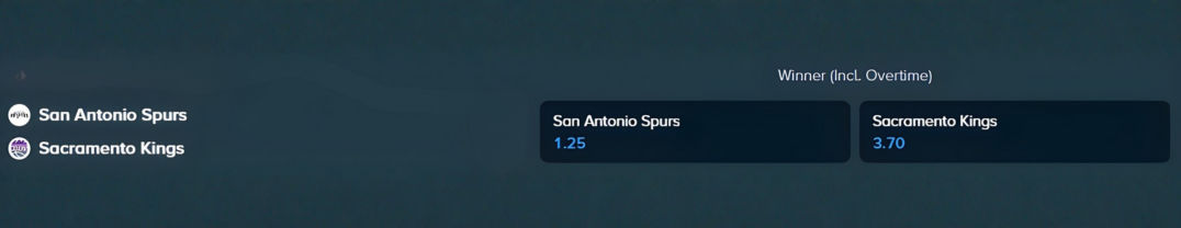 stake.com betting odds for the nba match between spurs and kings